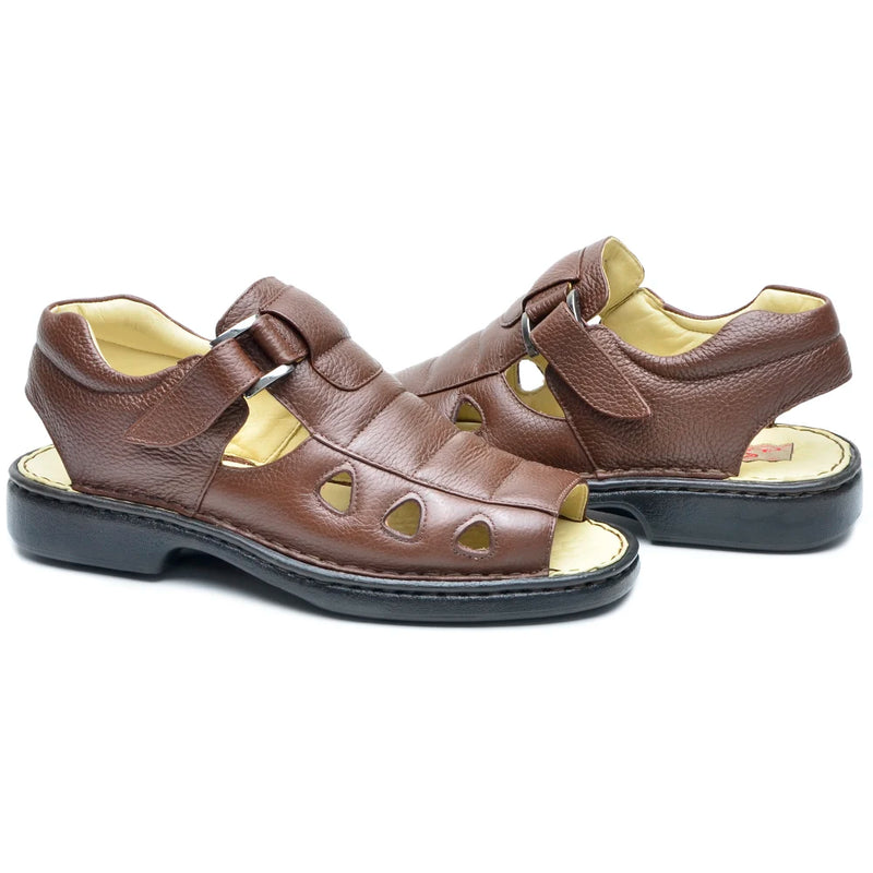Sandalia Masculina Ortopédica de Couro Legítimo Marrom Palmilha Gel Air Confort Super Leve Confortável