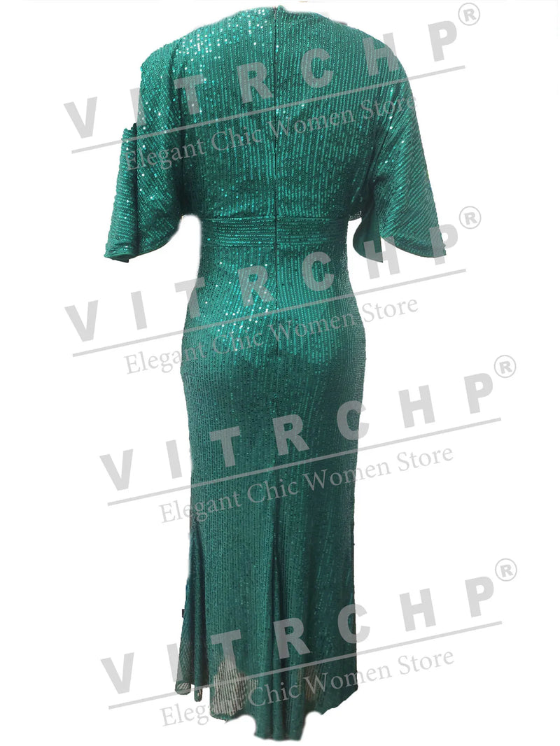 VITRCHP Batwing Sleeved Evening Dresses 2025 Mermaid Sexy V Neck Gown Prom Glitter Elegant Short Sleeves Long Party Dress