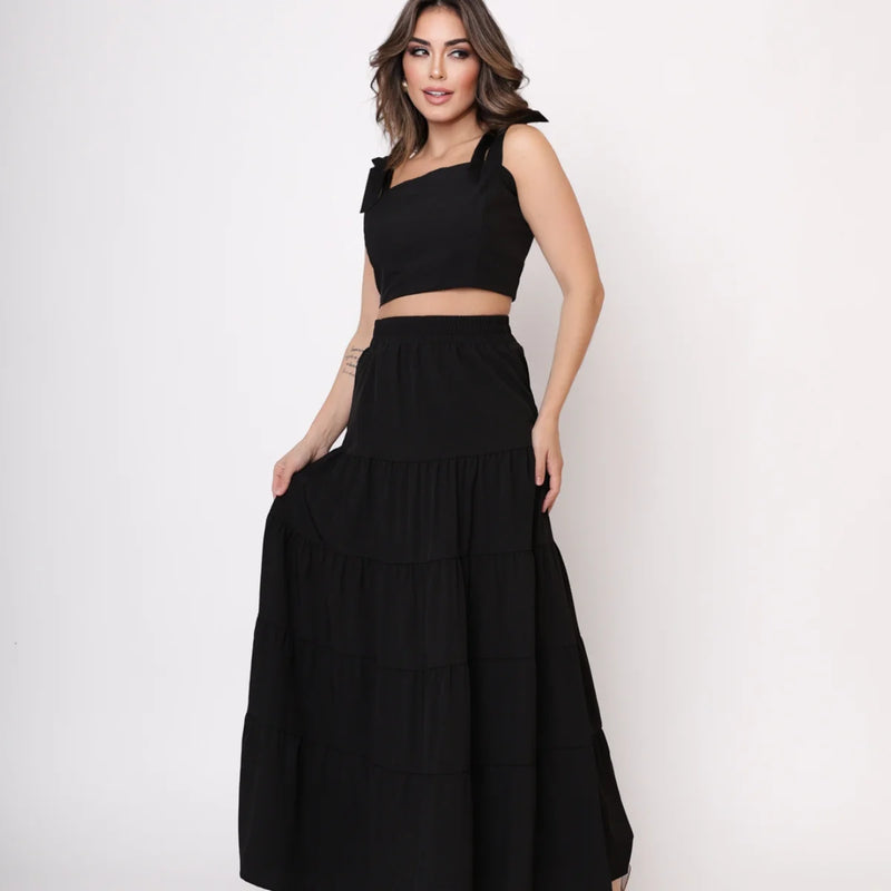 Conjunto Saia Longa e Cropped Com Lastex Nas Costas E Com Amarração