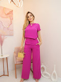 Conjunto elegante de blusa de manga curta e calça para mulheres