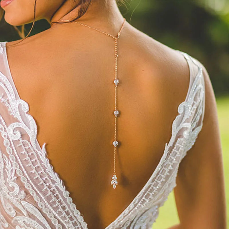 Luxury Flower Zircon Bridal Back Chain Necklace Long Drop Women Summer Full CZ Bride Lady Body Chain Wedding Jewelry Wholesale - CRAVO ROSE