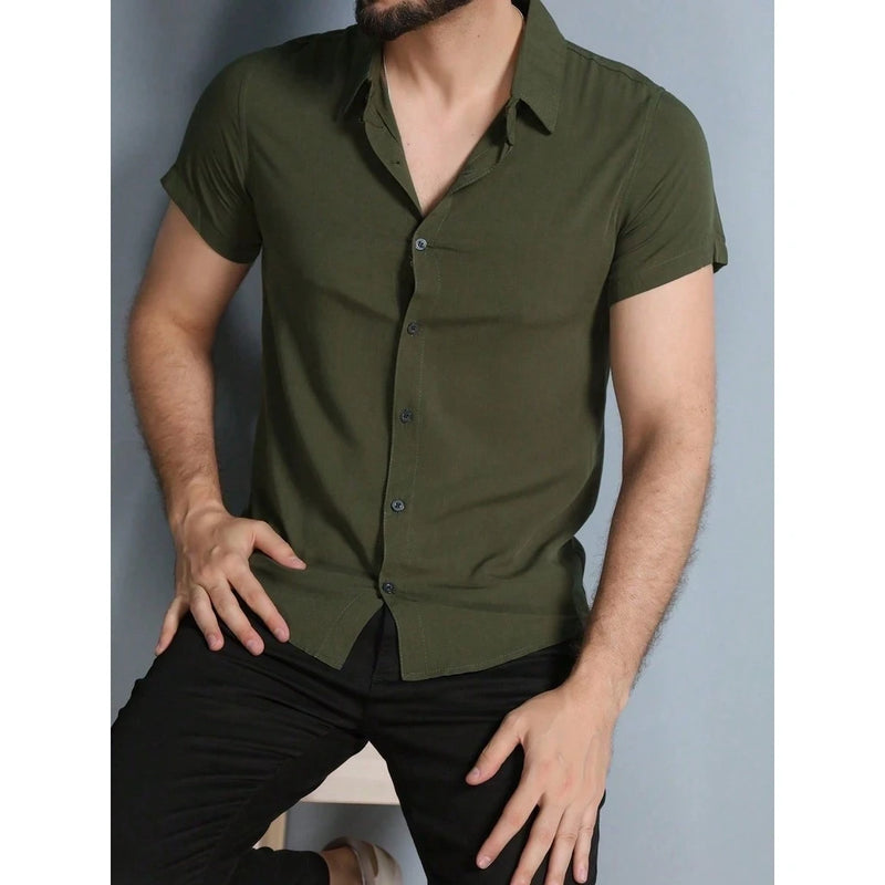 Camisa social masculino manga curta de bootao lisa top uso na praia