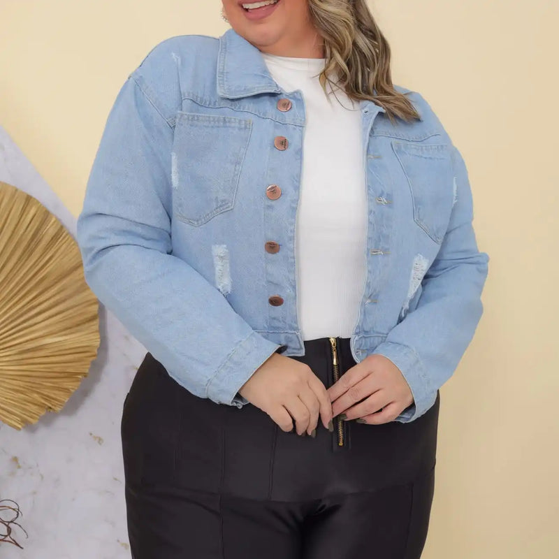 Jaqueta Jeans Plus Size Lavagem Azul Clara Feminina Casual Tecido Premium