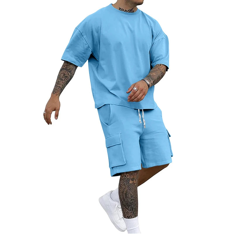 Conjunto gola redonda manga curta camiseta camisa shorts terno de duas peças solto tamanho grande gelo