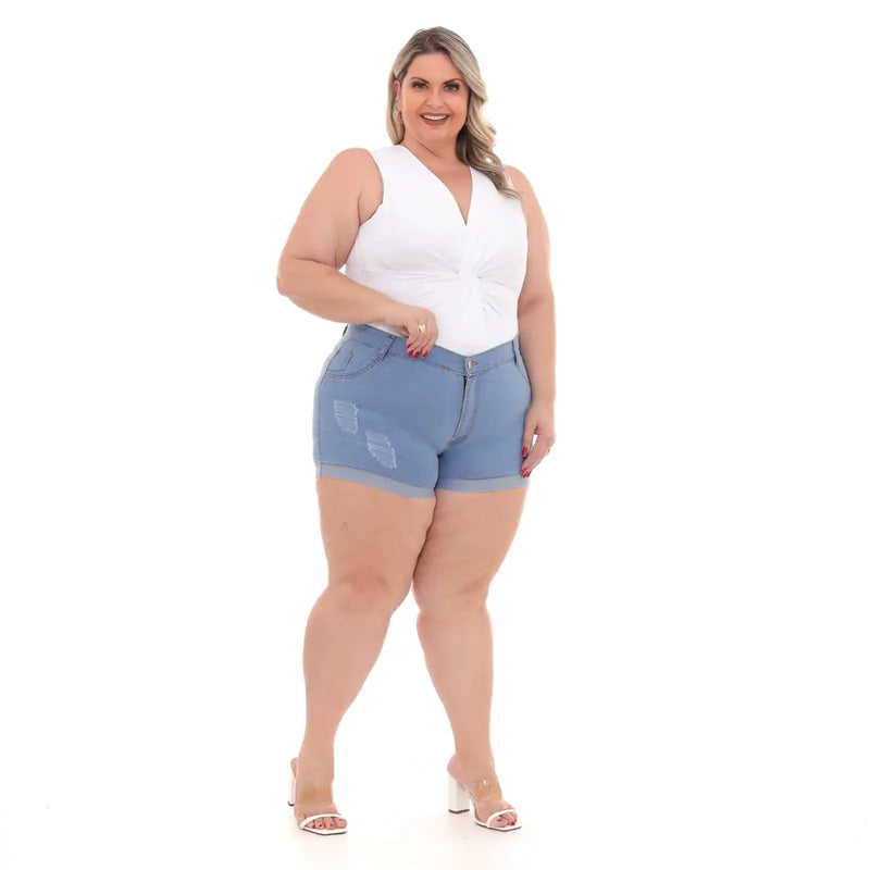 Women's Jeans Shorts Plus Size Light Blue With Frayed Folded Bar