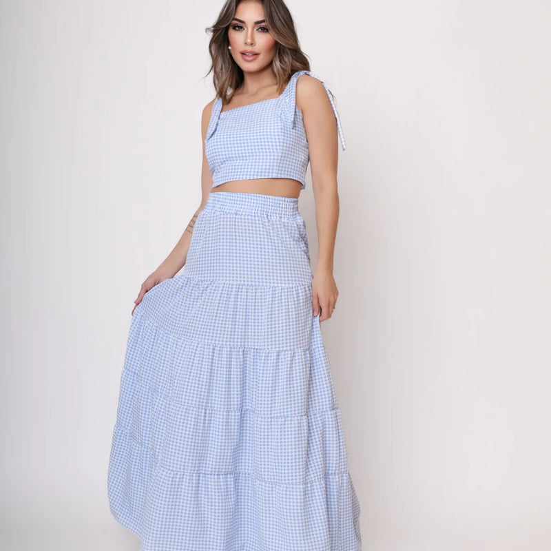 Conjunto Saia Longa e Cropped Com Lastex Nas Costas E Com Amarração
