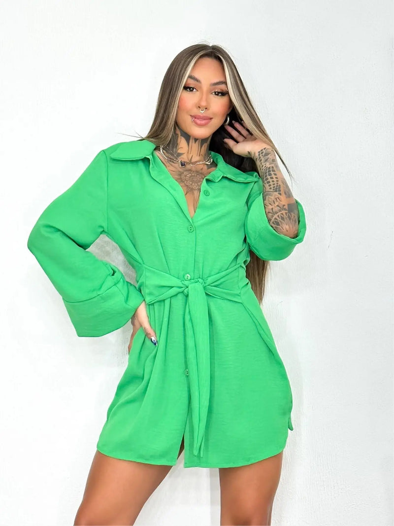 Chemise Long Sleeve Shirt Dress With Belt