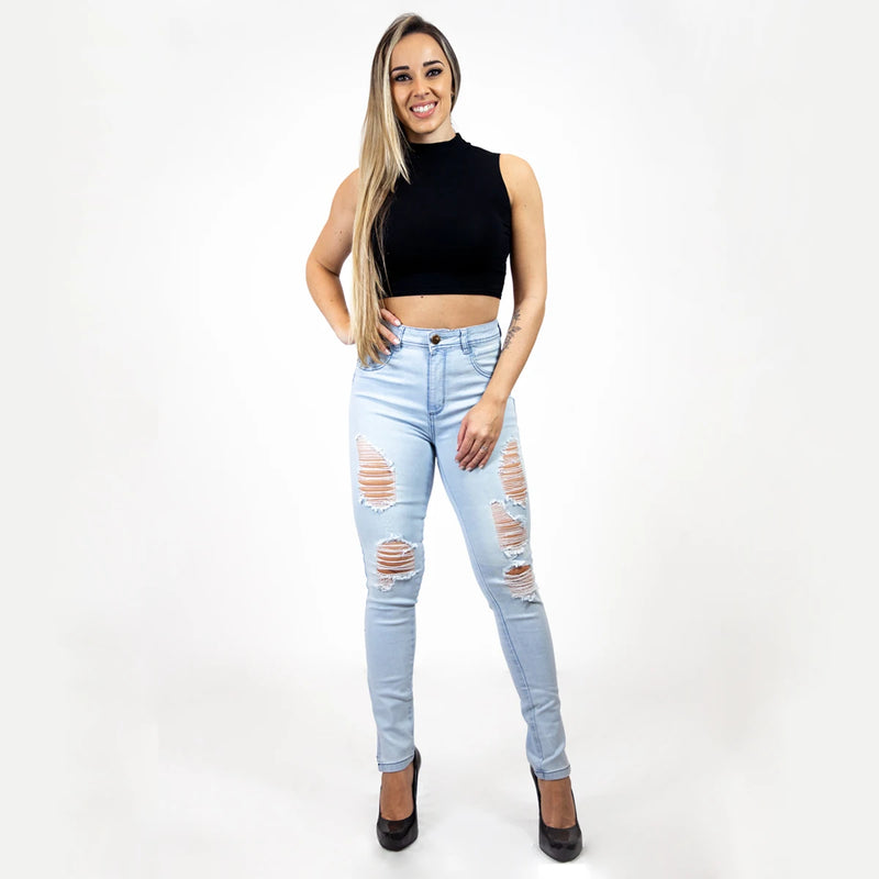 Jeans Skinny Feminino/Calças com Detalhes/Roupas Femininas/Jeans com Elastano