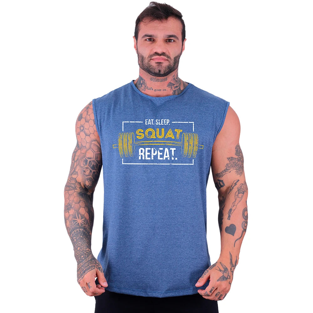 Regata Machão Longline Masculina MXD Conceito Estampada Eat Sleep Squat Repeat Treino Musculação Básica