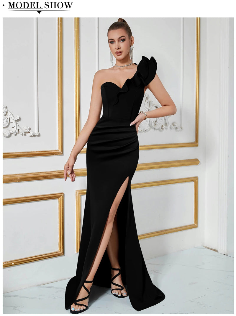 Vestido um Ombro Para Mulheres Celebridade Noite Festa Vestidos Babados Maxi Preto Bodycon Vestidos Elegantes Vestidos