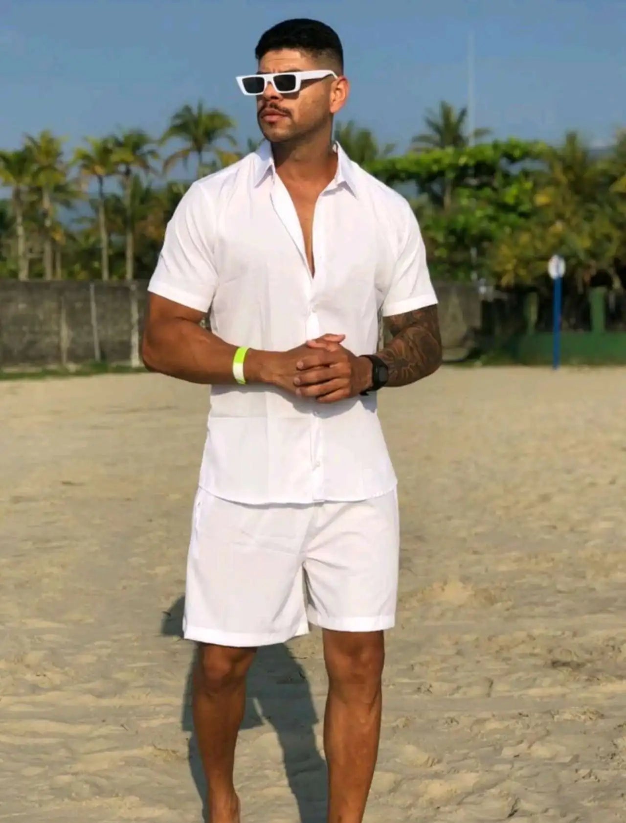 Solid Hawaiian Flower Shirt and Short Set Adult Men Viscose Fabric with Elastane