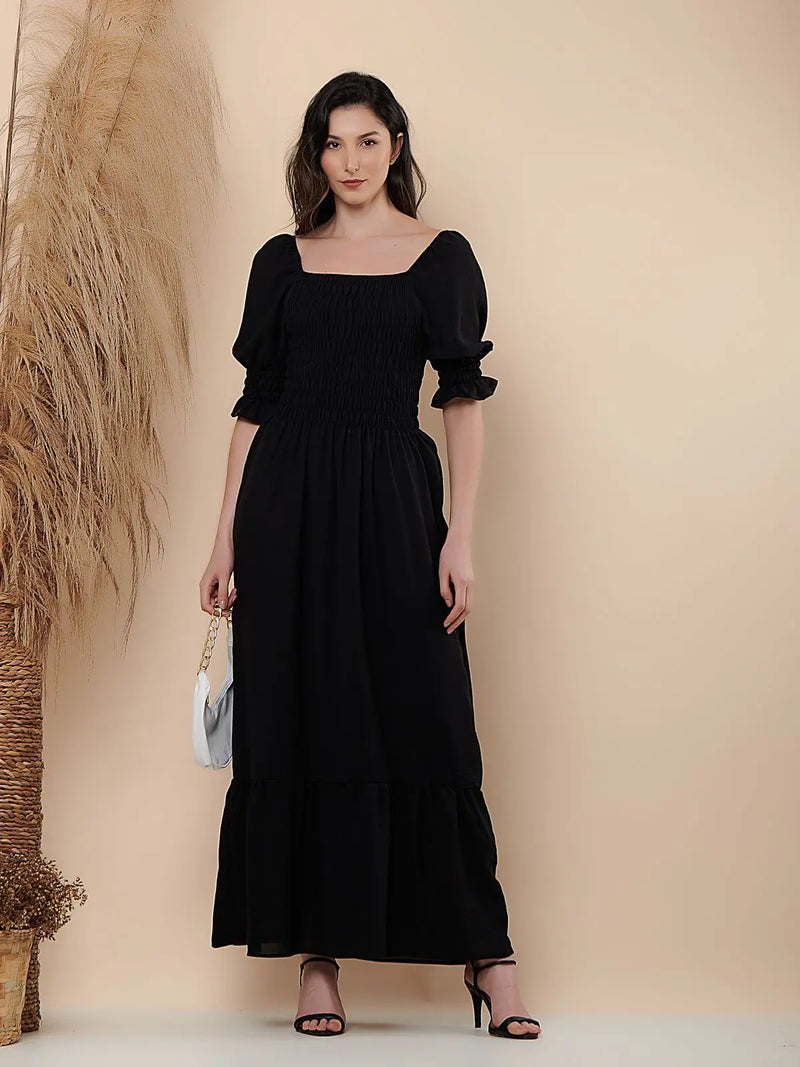VESTIDO LONGO LISO DE Tecido DUNA Lastex com Manga 3/4