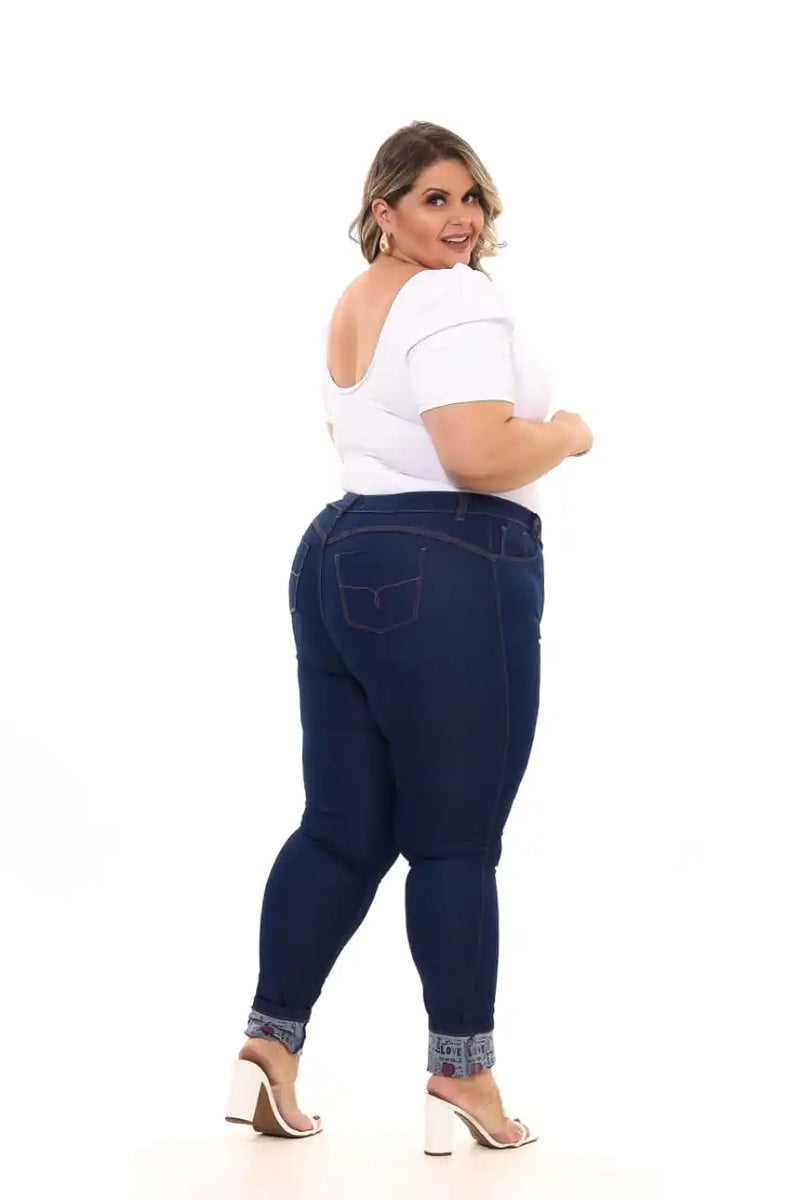 Women's Jeans Plus Size Skinny Dark Blue Printed Folded Bar Jeans