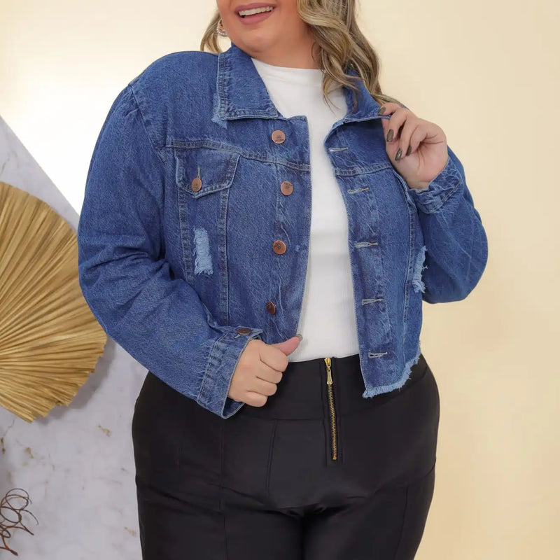 Jaqueta Jeans Feminina Plus Size Azul Escura Premium Casual
