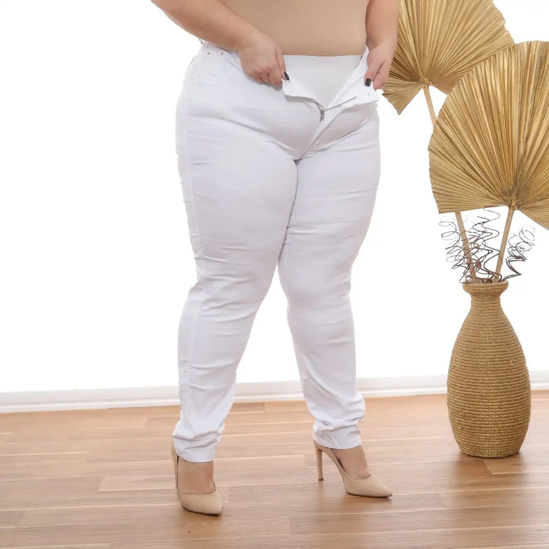 Women's Plus Size White High Waist Pants With Premium Lipo Strap