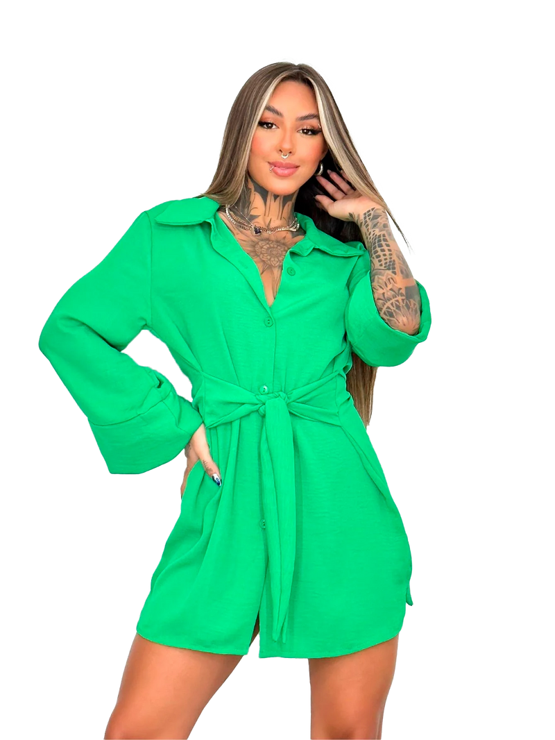 Chemise Long Sleeve Shirt Dress With Belt