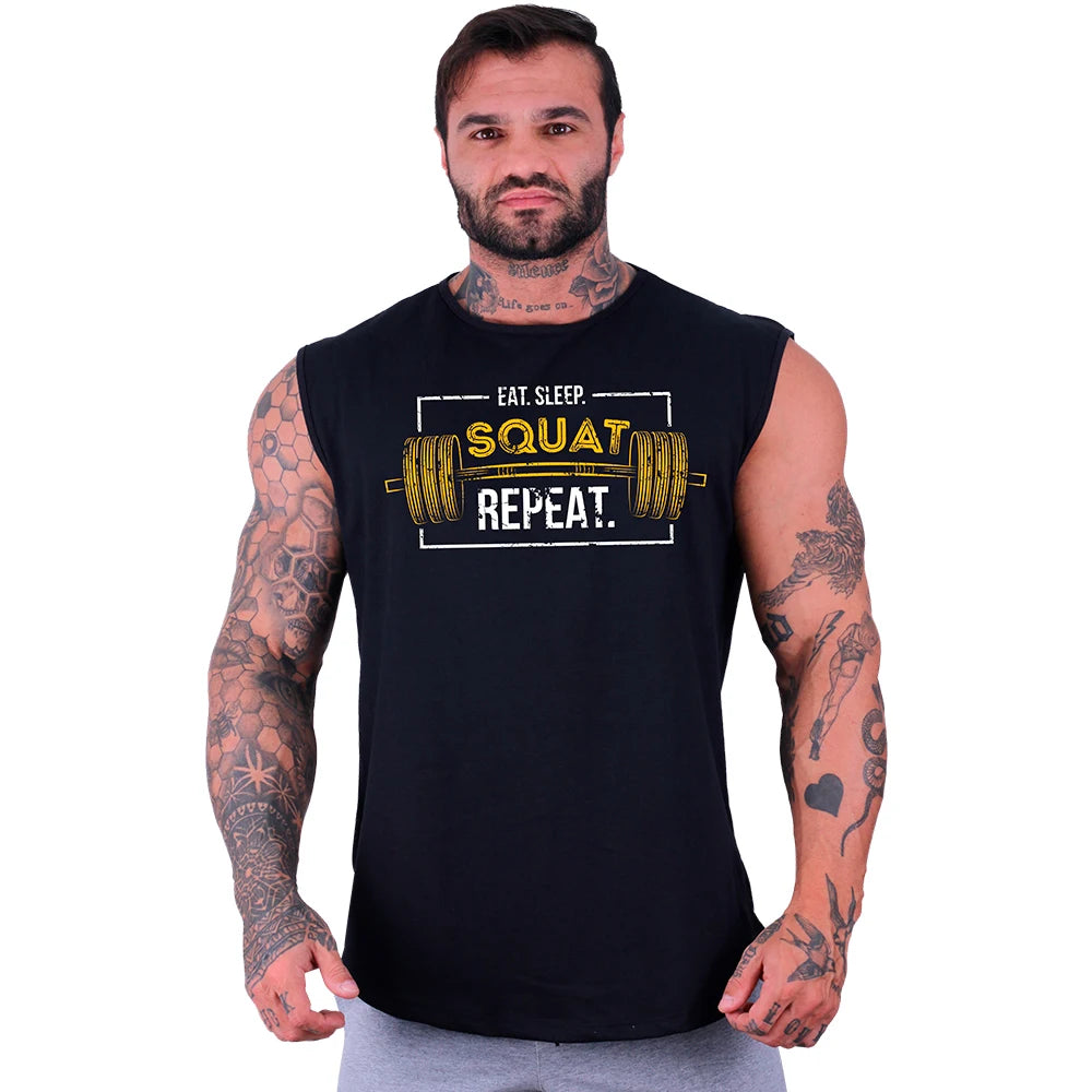Regata Machão Longline Masculina MXD Conceito Estampada Eat Sleep Squat Repeat Treino Musculação Básica