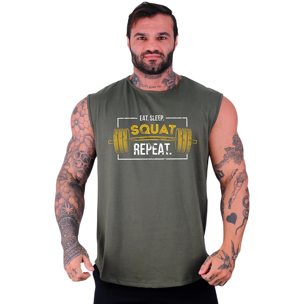 Regata Machão Longline Masculina MXD Conceito Estampada Eat Sleep Squat Repeat Treino Musculação Básica