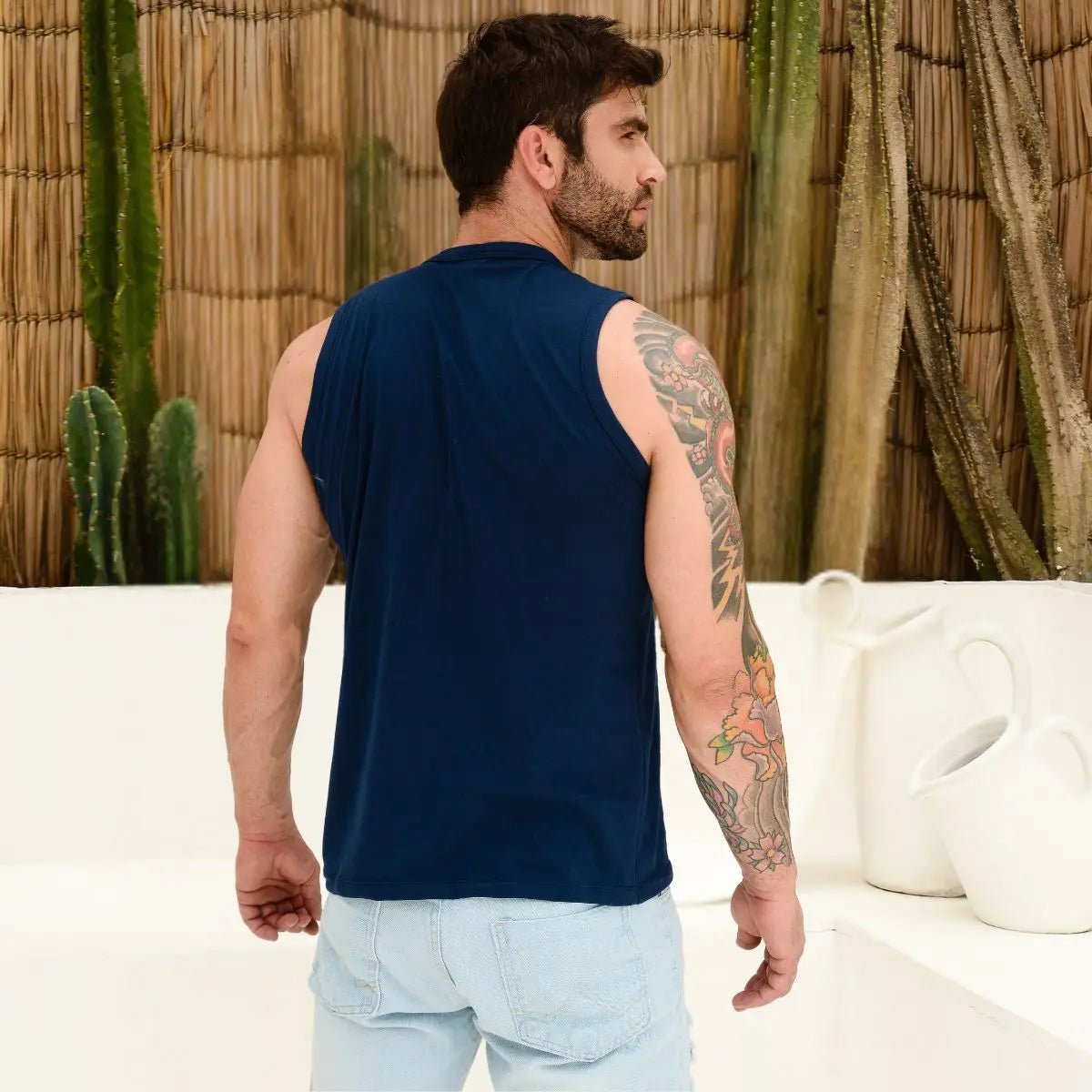 Camiseta Regata Masculina Azul Cotton Com Estilo Hot Verão