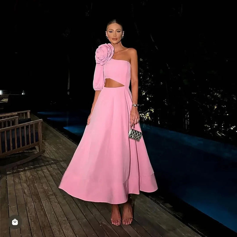 Women's Maxi Dress Appliques With Flower Sloping Shoulder Single Sleeve Waist Large Dress Women's Evening Wedding Midi Dress