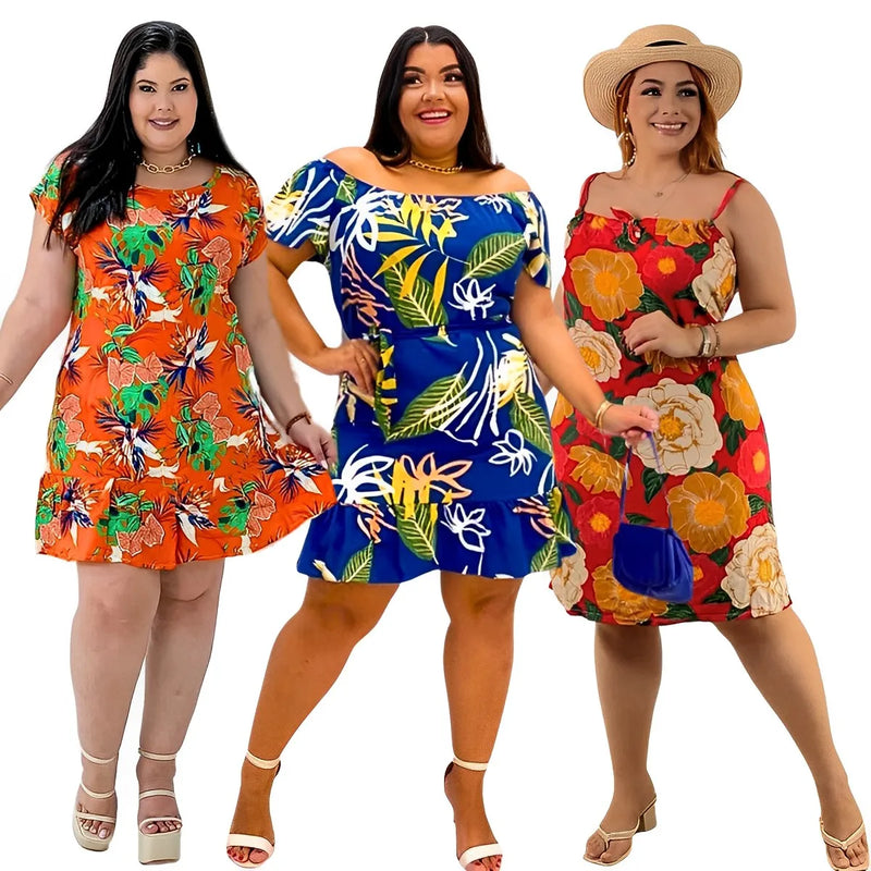 Kit 2 Plus Size Short Loose Dresses Viscose Assorted Prints