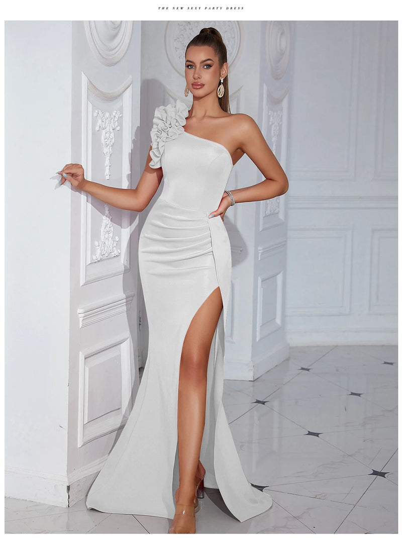 Vestido Alta fenda Um Ombro Para Mulheres Celebridade Noite Elegante Festa Sexy Babados Maxi Bodycon Vestidos Vestidos