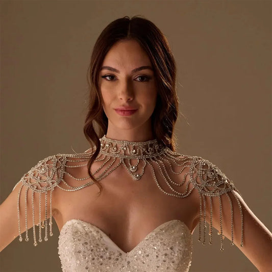 StoneFans Luxury Rhinestone Bridal Body Necklace Color Cape Chain Top Wedding Jewelry Dresses Elegant Statement