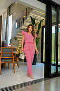 2 PCs New Fashion Women's Ruffled Blouse and Pants Suit Jumpsuit Office Print New Fashion Free Shipping