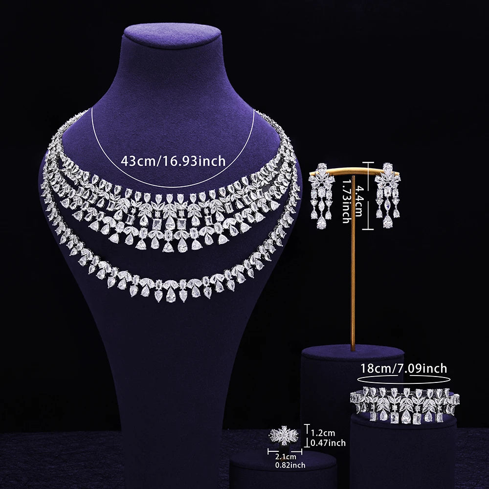 Luxury Dubai Wedding Bride 4PCS Full Set Jewelry Zirconia Double Layer Necklace Arabian White CZ Crystal Jewelry Set for Women