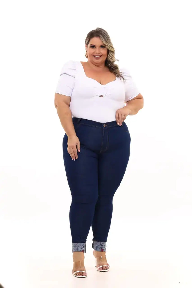 Women's Jeans Plus Size Skinny Dark Blue Printed Folded Bar Jeans