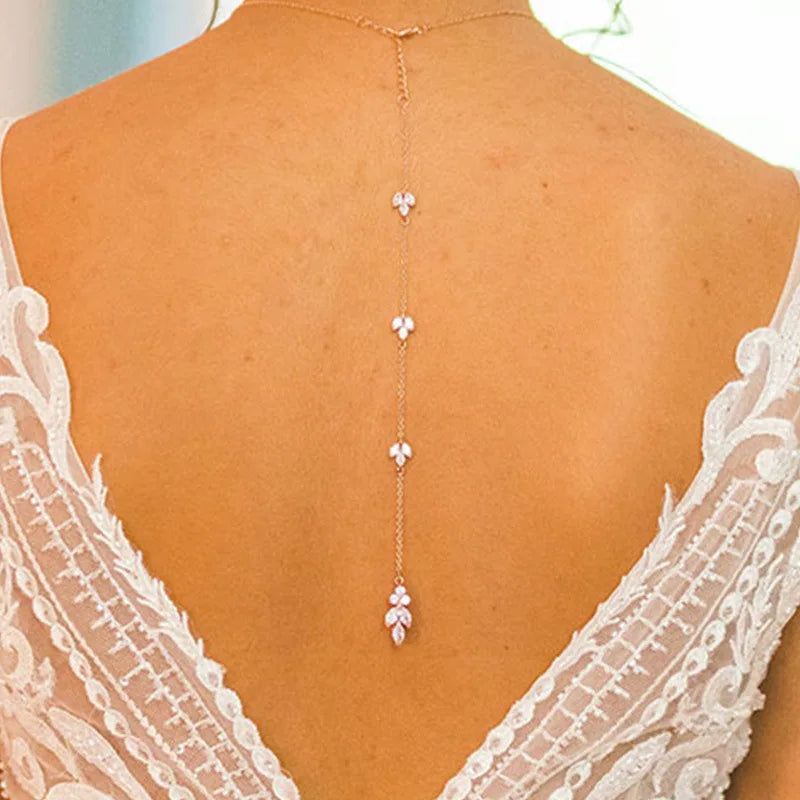 Luxury Flower Zircon Bridal Back Chain Necklace Long Drop Women Summer Full CZ Bride Lady Body Chain Wedding Jewelry Wholesale - CRAVO ROSE