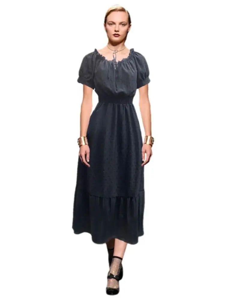 MONNEI Short Swiss Stitch Sleeve Buff Sheath Ruffled Cord Front Dress
