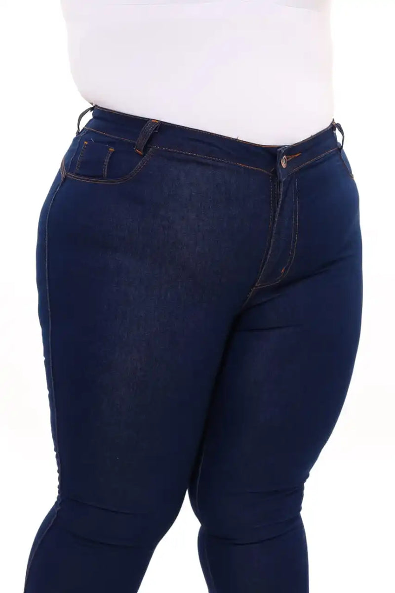 Women's Jeans Plus Size Skinny Dark Blue Printed Folded Bar Jeans