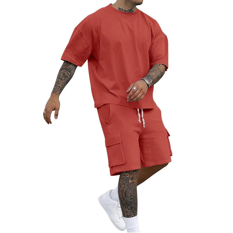 Conjunto gola redonda manga curta camiseta camisa shorts terno de duas peças solto tamanho grande gelo