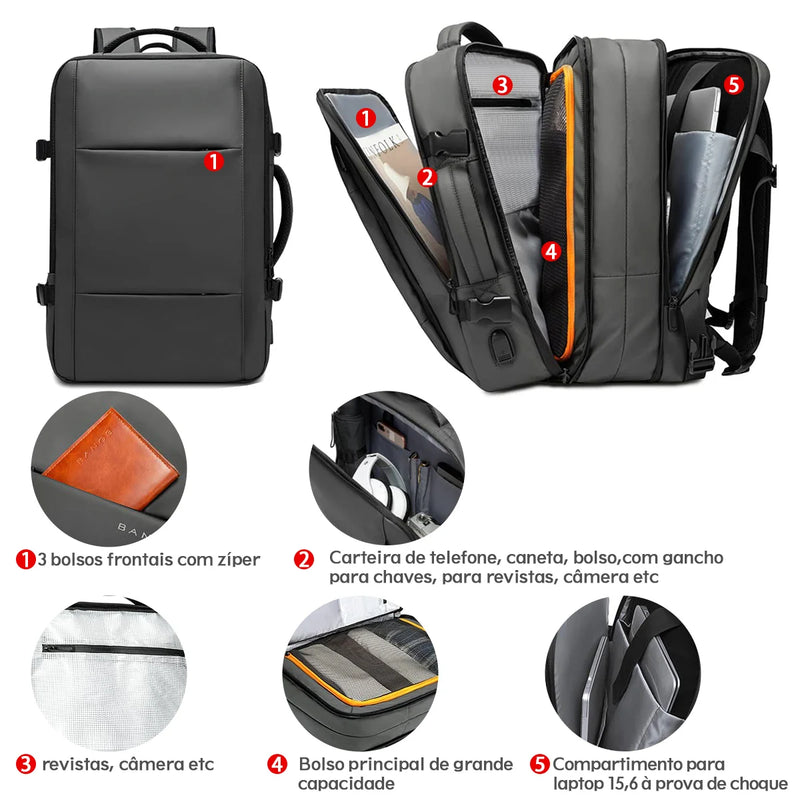 Large Capacity USB Expandable Travel Backpack for Men, Waterproof, Fashion School Bag, 17.3 Laptop Bag