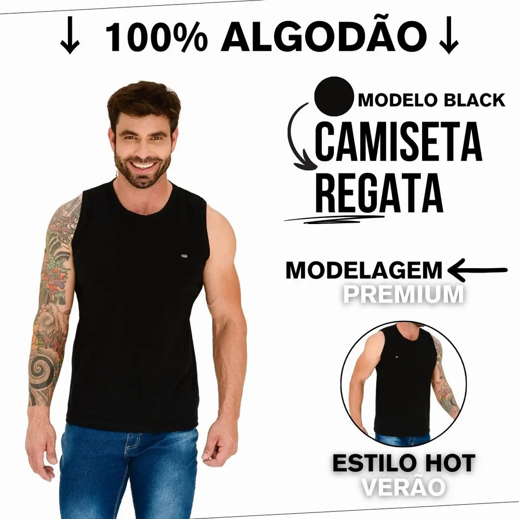 Camiseta Regata Masculina Black Cotton Com Estilo Hot Verão
