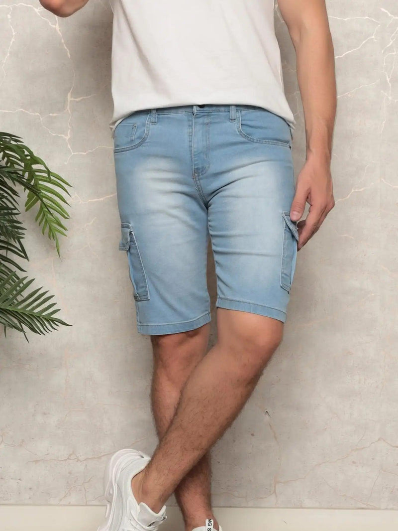 Shorts Bermuda Jeans Cargo Masculina Lavagem Clara Modelo Premium - CRAVO ROSE