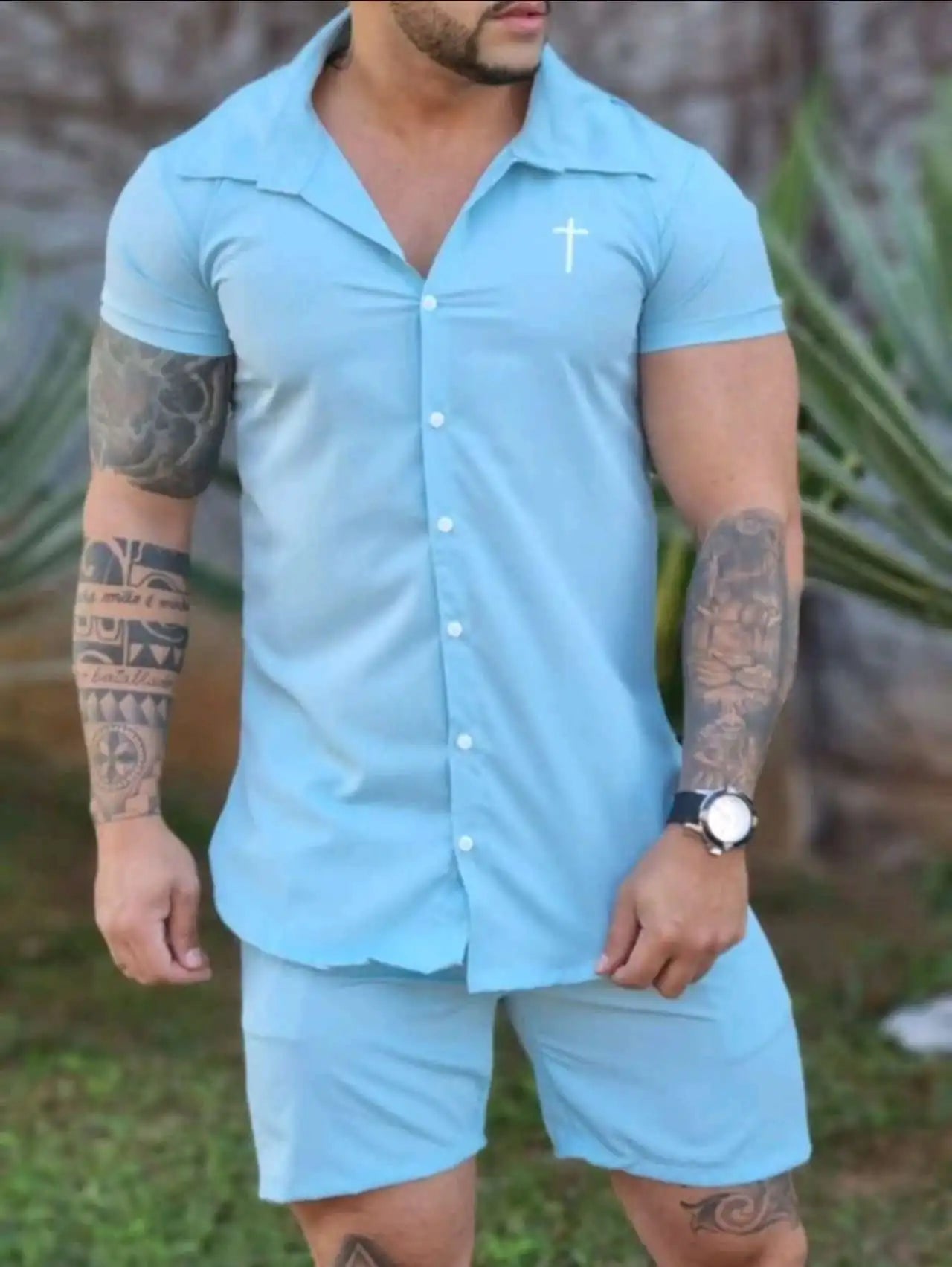 Solid Hawaiian Flower Shirt and Short Set Adult Men Viscose Fabric with Elastane