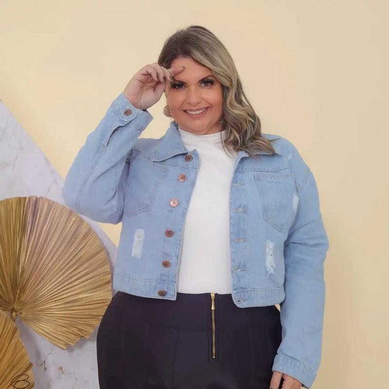 Jaqueta Jeans Plus Size Lavagem Azul Clara Feminina Casual Tecido Premium