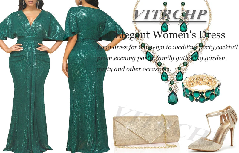 VITRCHP Batwing Sleeved Evening Dresses 2025 Mermaid Sexy V Neck Gown Prom Glitter Elegant Short Sleeves Long Party Dress