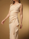 Elegante Vestido de festa longo feminino com decote em V, zíper nas costas e pequena fenda na bainha