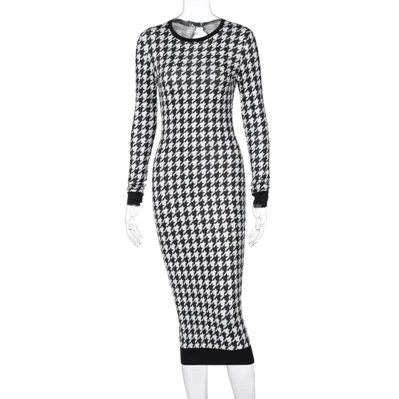 Houndstooth Print Women Long Sleeve Midi Dress Hollow Out Bodycon Sexy Streetwear 2024 Autumn Winter Club Elegant Slim - CRAVO ROSE