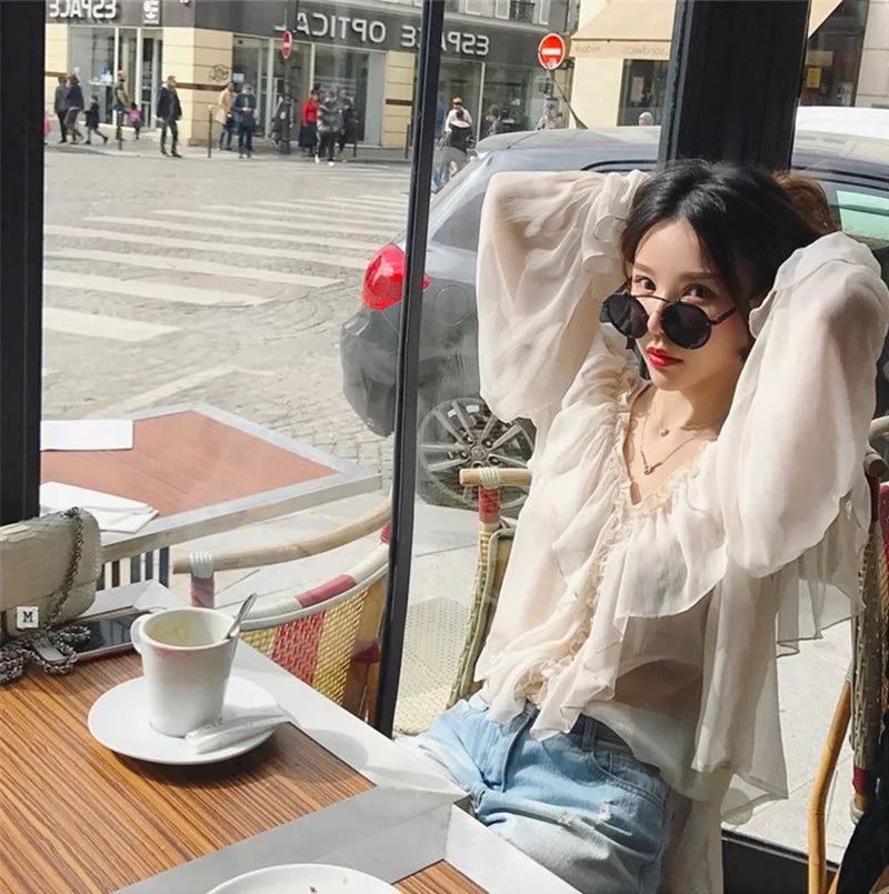 Blusa feminina sexy com decote em V, transparente, estilo boho, de malha, com babados, manga larga, elegante, peplum, com babados, blusa feminina 13459