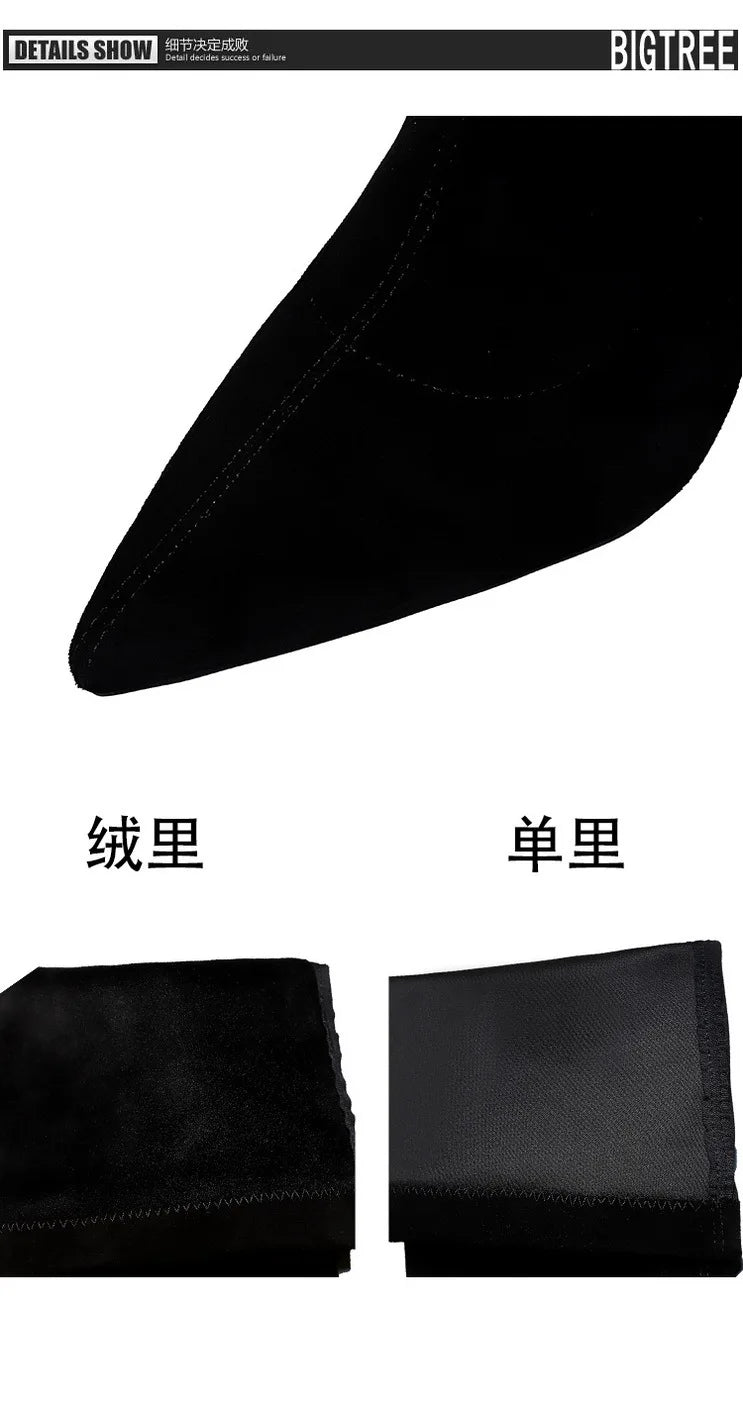 Botas BIGTREE de camurça sexy acima do joelho, pretas, de pelúcia, quentes, femininas, de inverno, finas, de salto alto, botas longas, plus size 42 43