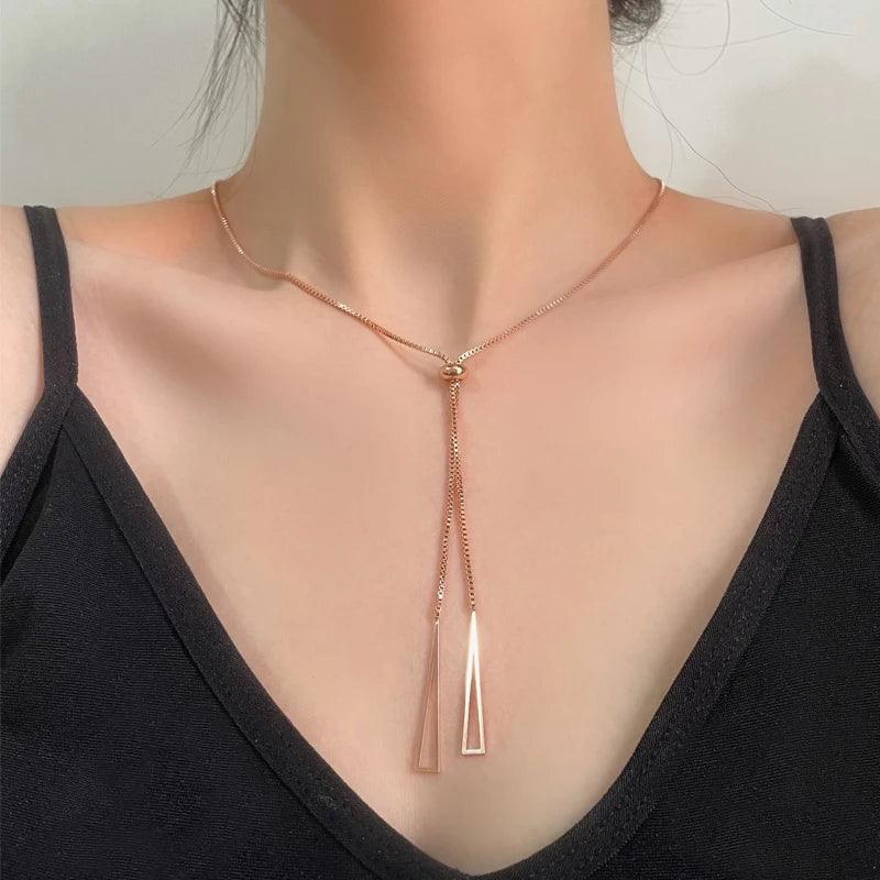 New 925 Sterling Silver Geometric Triangle Necklace for Women Adjustable Clavicle Chain sweater chain Rope chain Jewelry Gifts - CRAVO ROSE