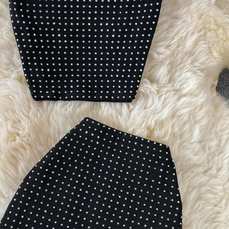 Sexy Black Diamonds 2pcs Set Women Party Sleeveless Short Tops + High Waist Split Skirt Female Two Piece Suits Club Fashion 2021