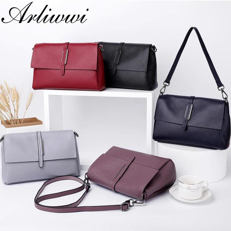 Arliwwi Designer Real Cow Leather Lady's Flap Messenger Bags Soft Genuine Cowhide Functional Shoulder Handbags New - CRAVO ROSE