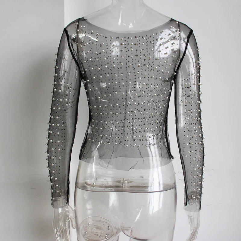 Camiseta feminina sexy transparente Gtpdpllt, malha, patchwork, diamantes, pérolas, slim, tops curtos elegantes, roupas femininas de primavera