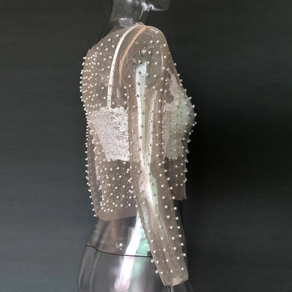 Camiseta feminina sexy transparente Gtpdpllt, malha, patchwork, diamantes, pérolas, slim, tops curtos elegantes, roupas femininas de primavera