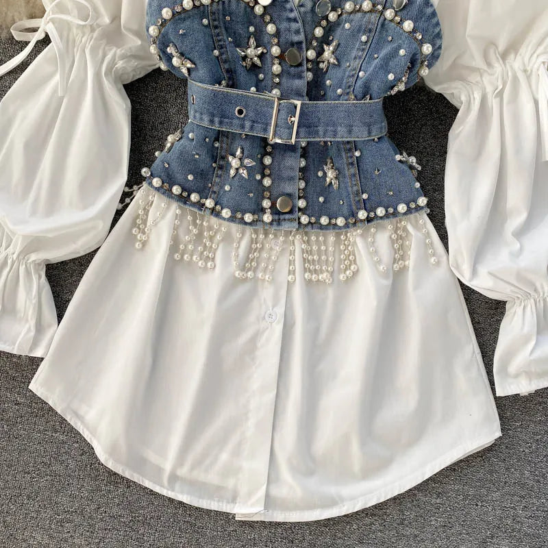 Blusa feminina nova primavera outono com contas de diamantes e manga bufante, top com borlas e pérolas, colete com alça, camisa de duas peças